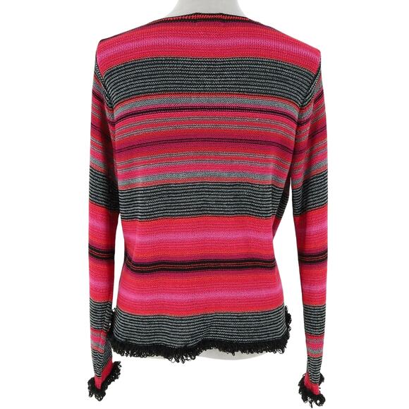 Sigrid Olsen Sport Sweater Womens Large Pink Black Stripe Sleeves Hem Fringe - Picture 2 of 13